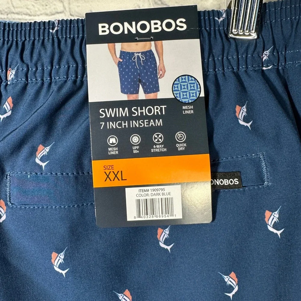 NEW Bonobos Mens Marlin Print Swim Shorts Dark Blue 7 Inch Inseam XXL Swimwear